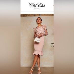 Chi Chi London Blush Lace Long Sleeve Dress